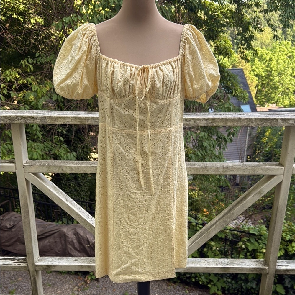 Miss Circle Yellow Eyelet Puff Sleeve Midi Dress Size XL
